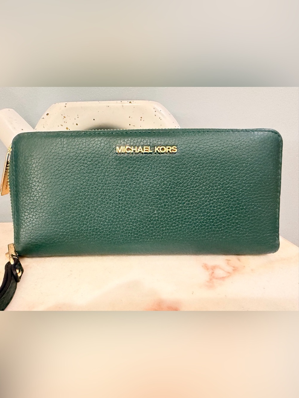 Michael Kors Emerald Green Pebbled Leather Wallet with Gold Logo